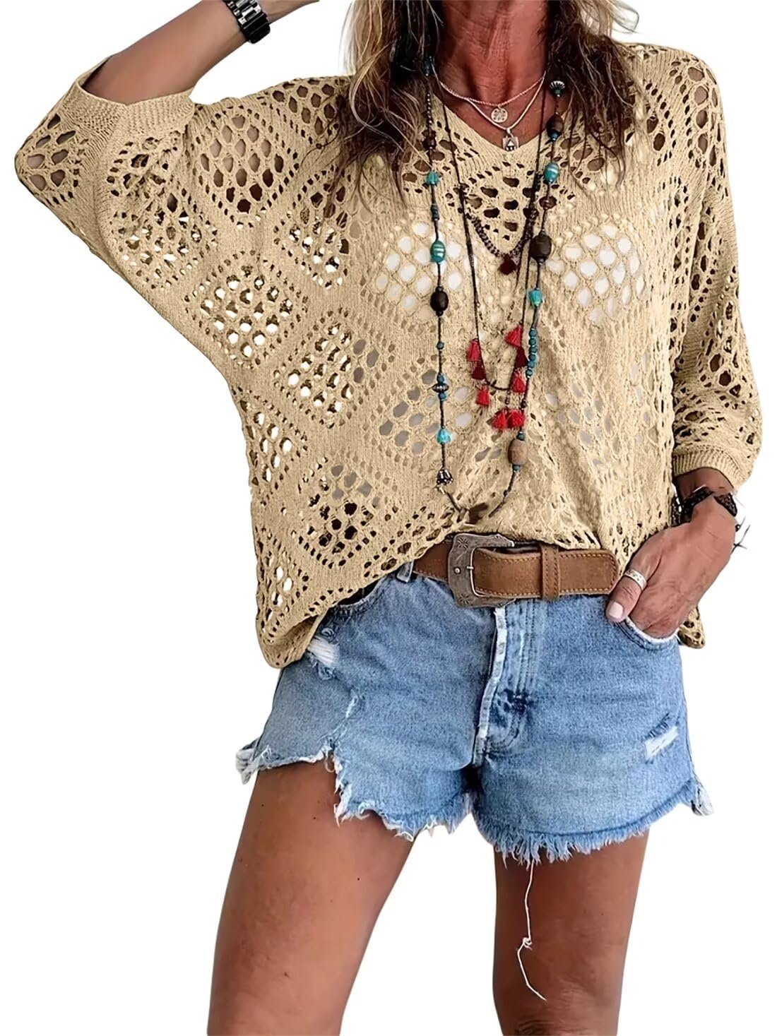 🌷🌷Limited time sale🔥Womens Bohemian-Inspired Beige Crochet Top with V-Neck