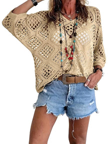🌷🌷Limited time sale🔥Womens Bohemian-Inspired Beige Crochet Top with V-Neck