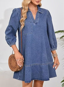 Women's V-neck Puff Sleeve Denim Layered Dress(BUY 2 FREE SHIPPING)