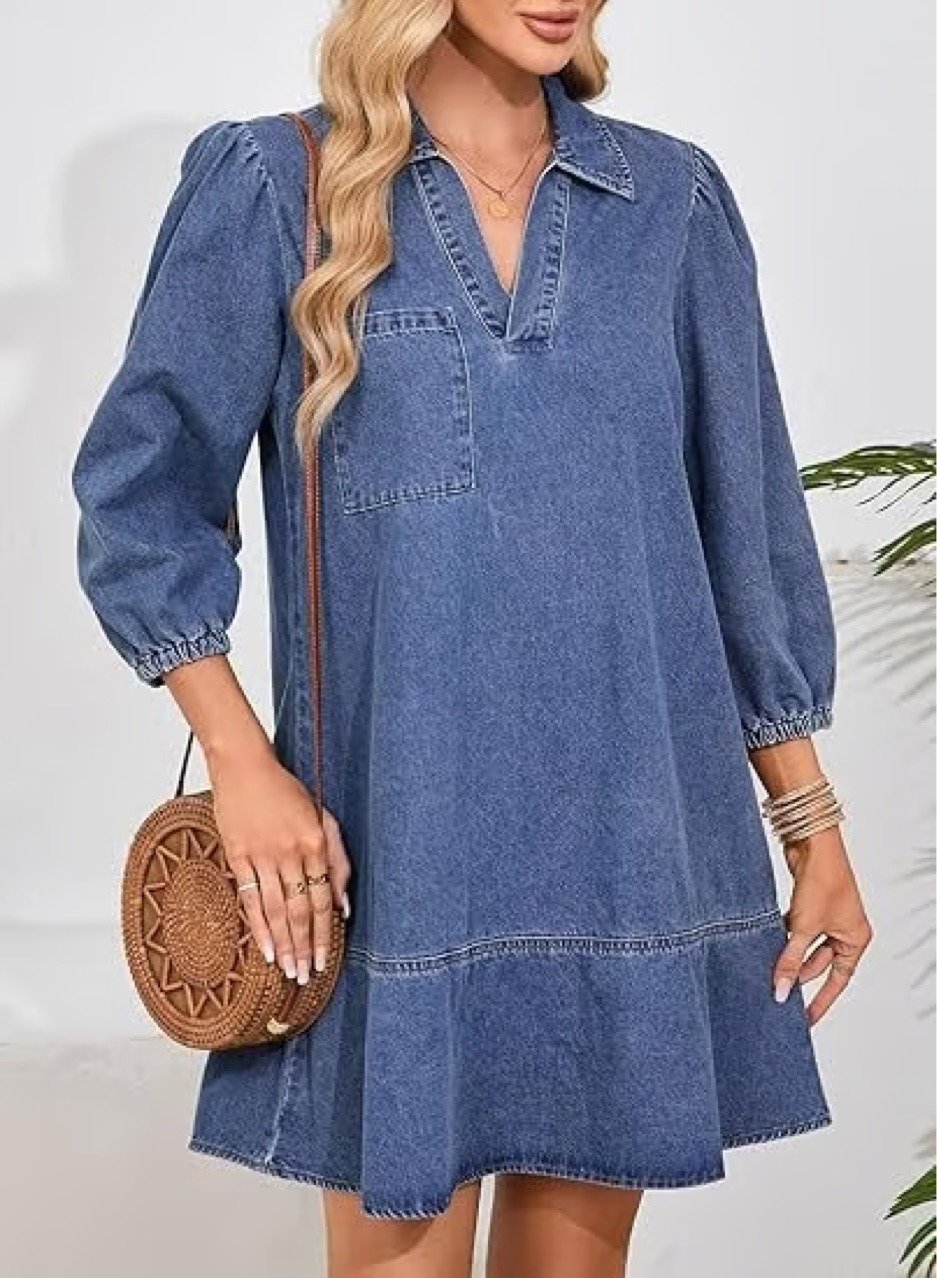 Women's V-neck Puff Sleeve Denim Layered Dress(BUY 2 FREE SHIPPING)