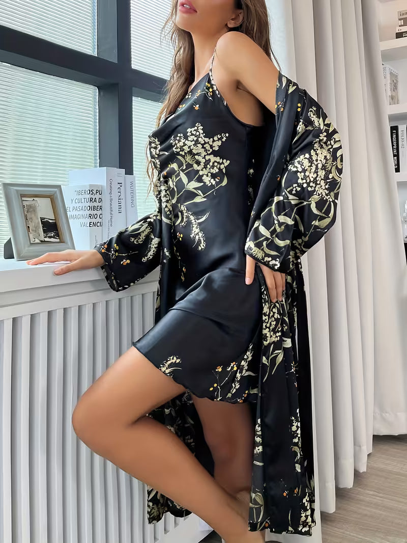 Women'S Small Cherry Print Fashion Sexy Robe And Nightgown 2pcs Set