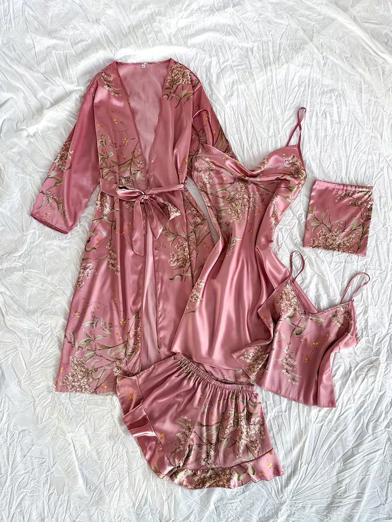 Women's Four-Season Breathable Comfortable Printed Nightgown Set, 5pcs