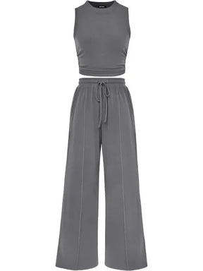 🔥Women Sleeveless Cropped Top Elastic Waist Wide Leg Pants 2 Piece Set