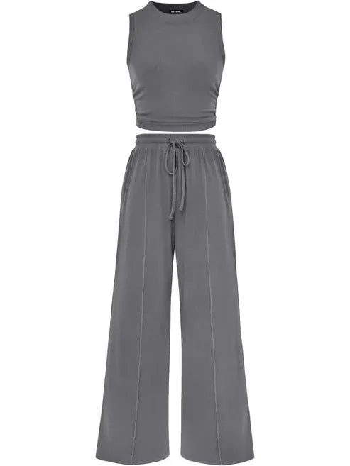 🔥Women Sleeveless Cropped Top Elastic Waist Wide Leg Pants 2 Piece Set
