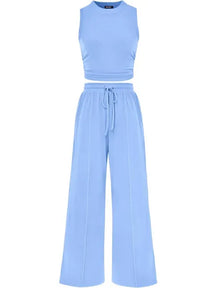 🔥Women Sleeveless Cropped Top Elastic Waist Wide Leg Pants 2 Piece Set