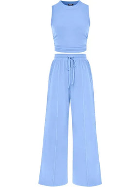 🔥Women Sleeveless Cropped Top Elastic Waist Wide Leg Pants 2 Piece Set