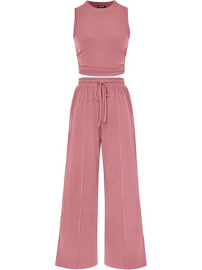 🔥Women Sleeveless Cropped Top Elastic Waist Wide Leg Pants 2 Piece Set
