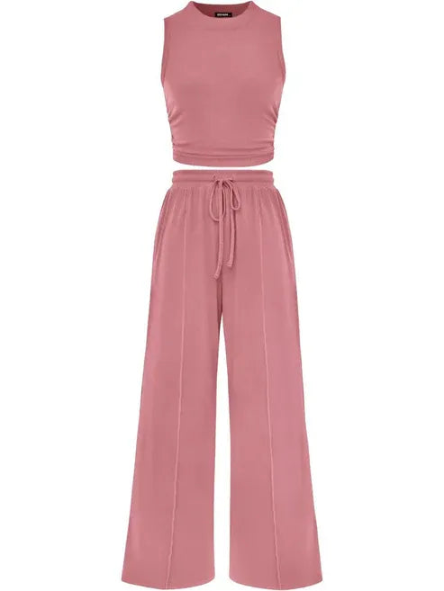 🔥Women Sleeveless Cropped Top Elastic Waist Wide Leg Pants 2 Piece Set