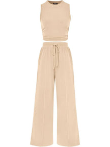 🔥Women Sleeveless Cropped Top Elastic Waist Wide Leg Pants 2 Piece Set