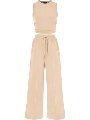 🔥Women Sleeveless Cropped Top Elastic Waist Wide Leg Pants 2 Piece Set