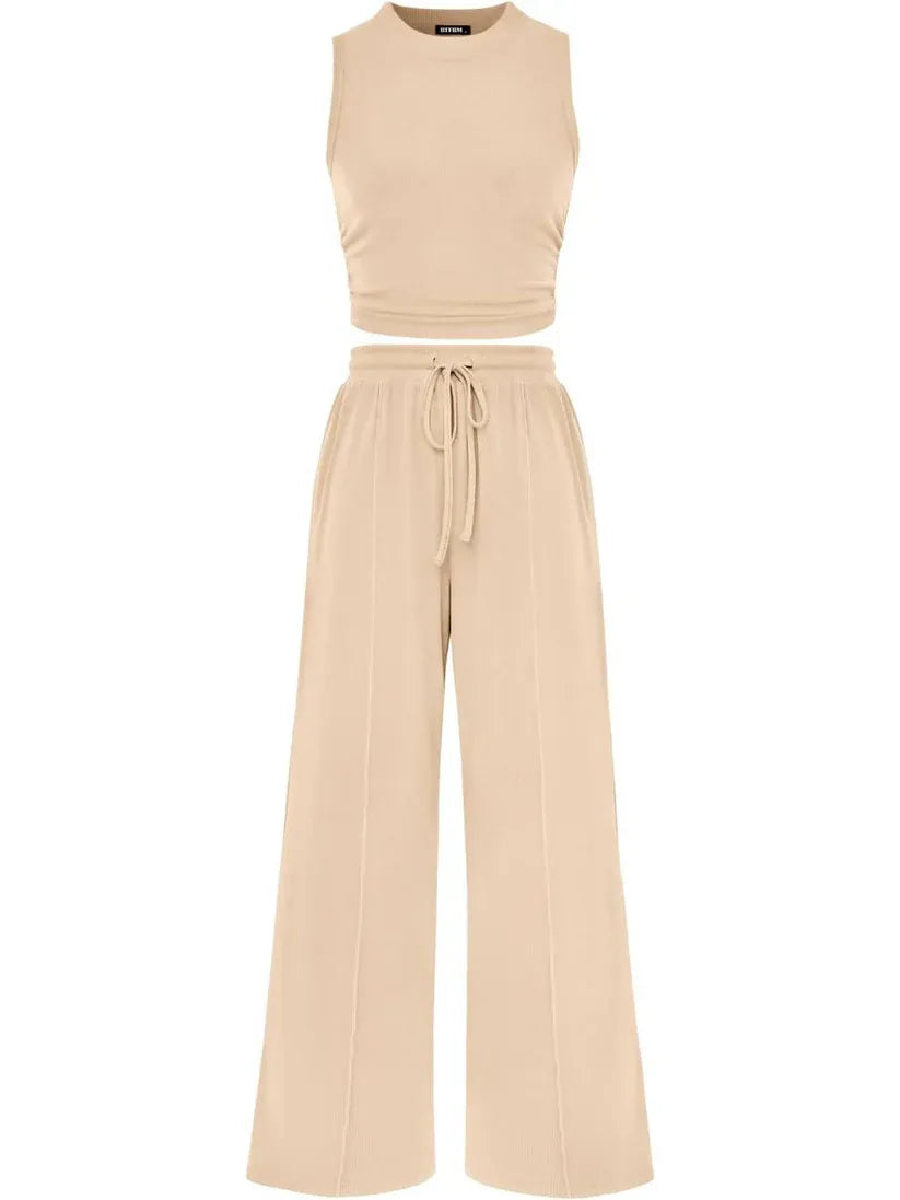 🔥Women Sleeveless Cropped Top Elastic Waist Wide Leg Pants 2 Piece Set