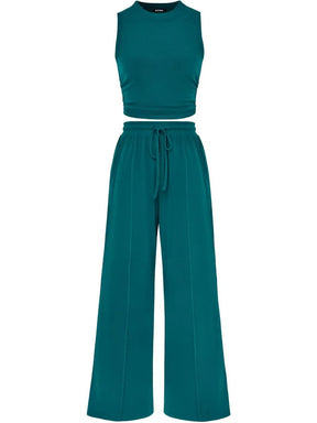 🔥Women Sleeveless Cropped Top Elastic Waist Wide Leg Pants 2 Piece Set