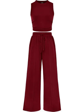 🔥Women Sleeveless Cropped Top Elastic Waist Wide Leg Pants 2 Piece Set