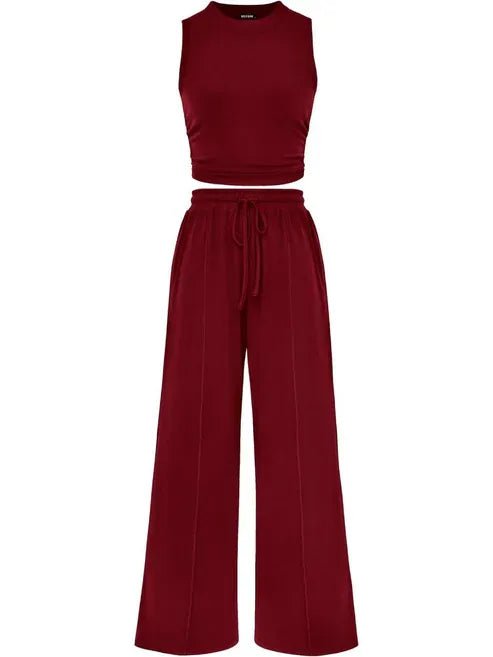 🔥Women Sleeveless Cropped Top Elastic Waist Wide Leg Pants 2 Piece Set