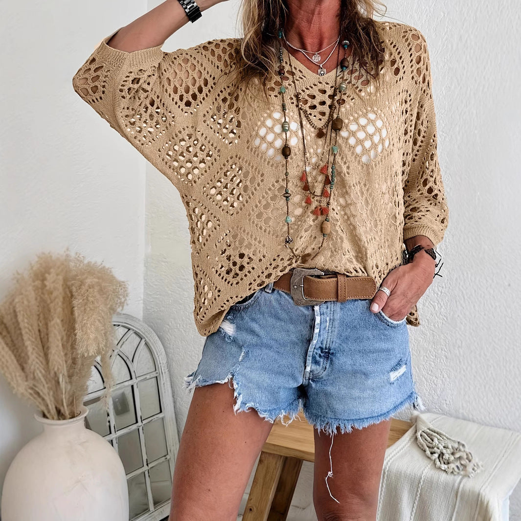 🌷🌷Limited time sale🔥Womens Bohemian-Inspired Beige Crochet Top with V-Neck