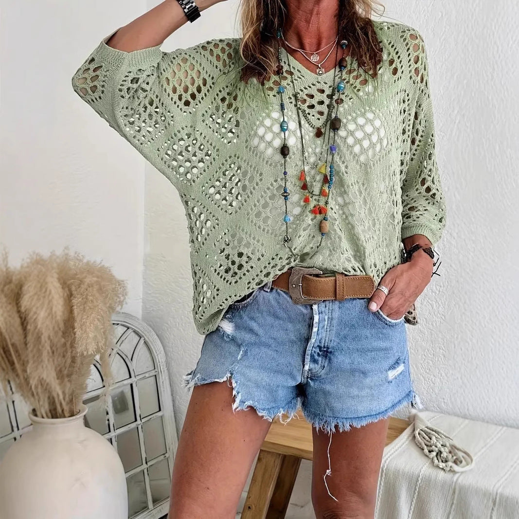 🌷🌷Limited time sale🔥Womens Bohemian-Inspired Beige Crochet Top with V-Neck