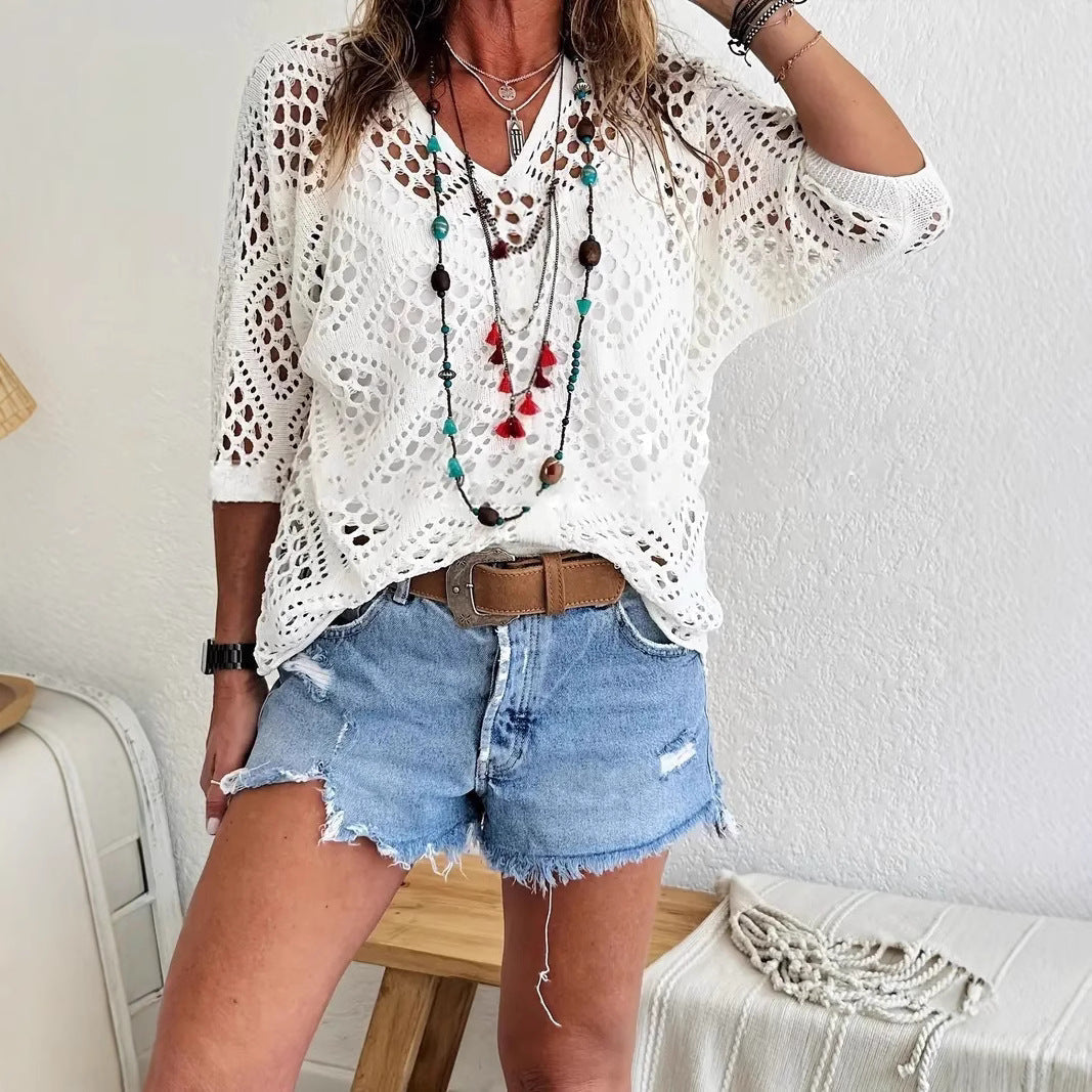 🌷🌷Limited time sale🔥Womens Bohemian-Inspired Beige Crochet Top with V-Neck