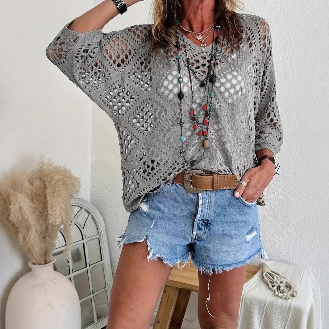 🌷🌷Limited time sale🔥Womens Bohemian-Inspired Beige Crochet Top with V-Neck