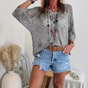 🌷🌷Limited time sale🔥Womens Bohemian-Inspired Beige Crochet Top with V-Neck