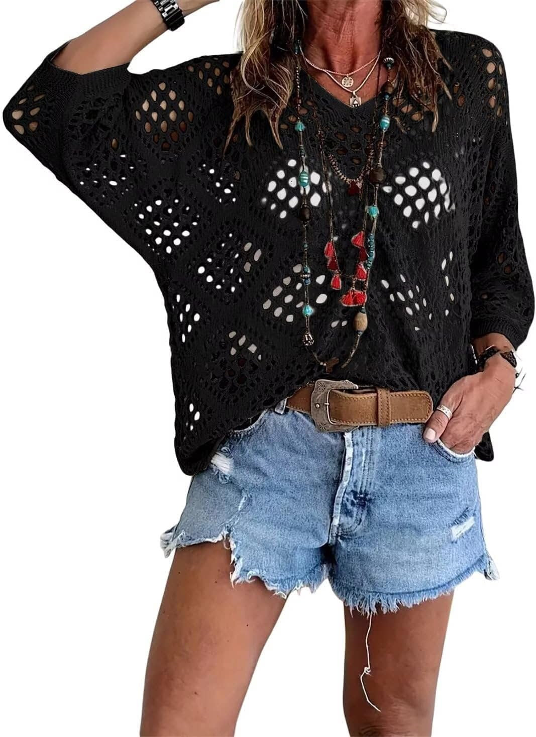 🌷🌷Limited time sale🔥Womens Bohemian-Inspired Beige Crochet Top with V-Neck