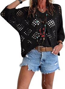 🌷🌷Limited time sale🔥Womens Bohemian-Inspired Beige Crochet Top with V-Neck