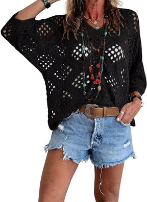 🌷🌷Limited time sale🔥Womens Bohemian-Inspired Beige Crochet Top with V-Neck