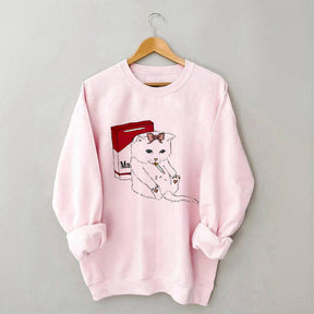 Smoking Cute Cat Print Sweatshirt
